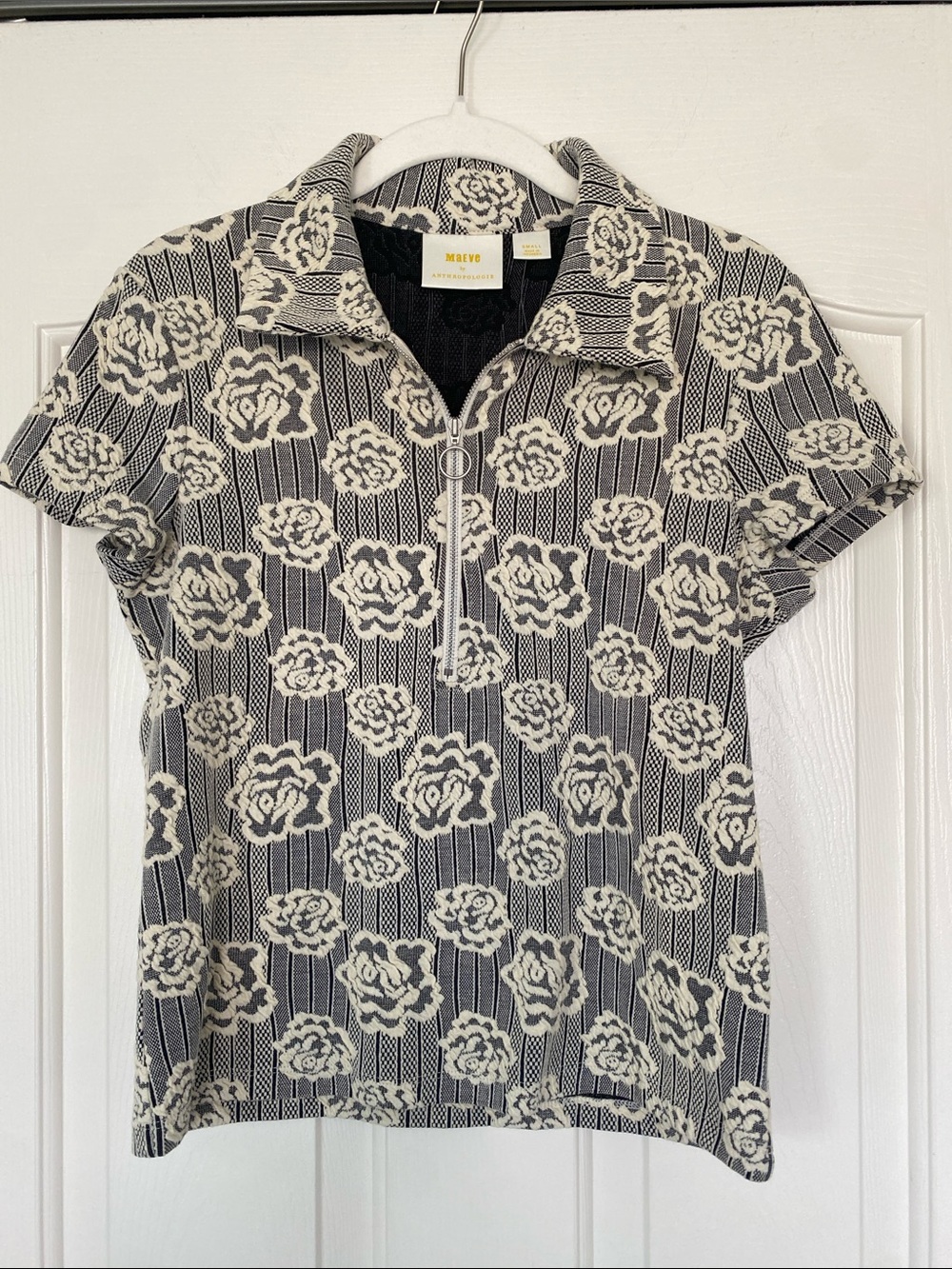 Maeve Black & Cream Floral Zip Polo Top
